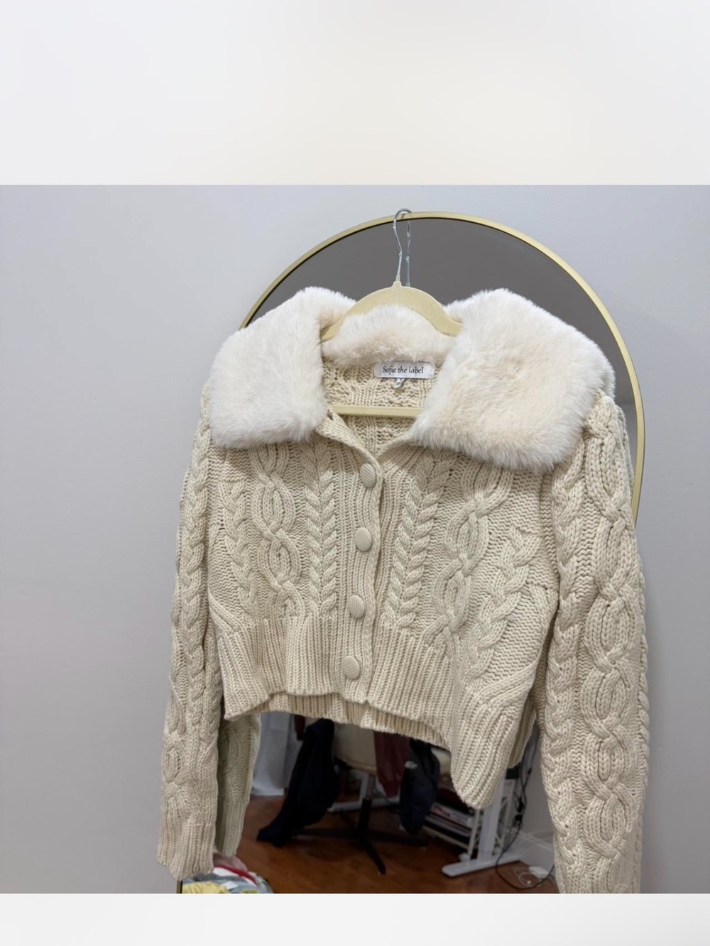 Cream Cable-Knit Cropped Cardigan with Faux Fur Collar